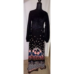 Express Boho Maxi‎ Skirt Floral Print Black White Pink Bohemian Festival